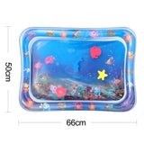 Inflatable water mat with underwater scene and fish illustrations, showing dimensions.