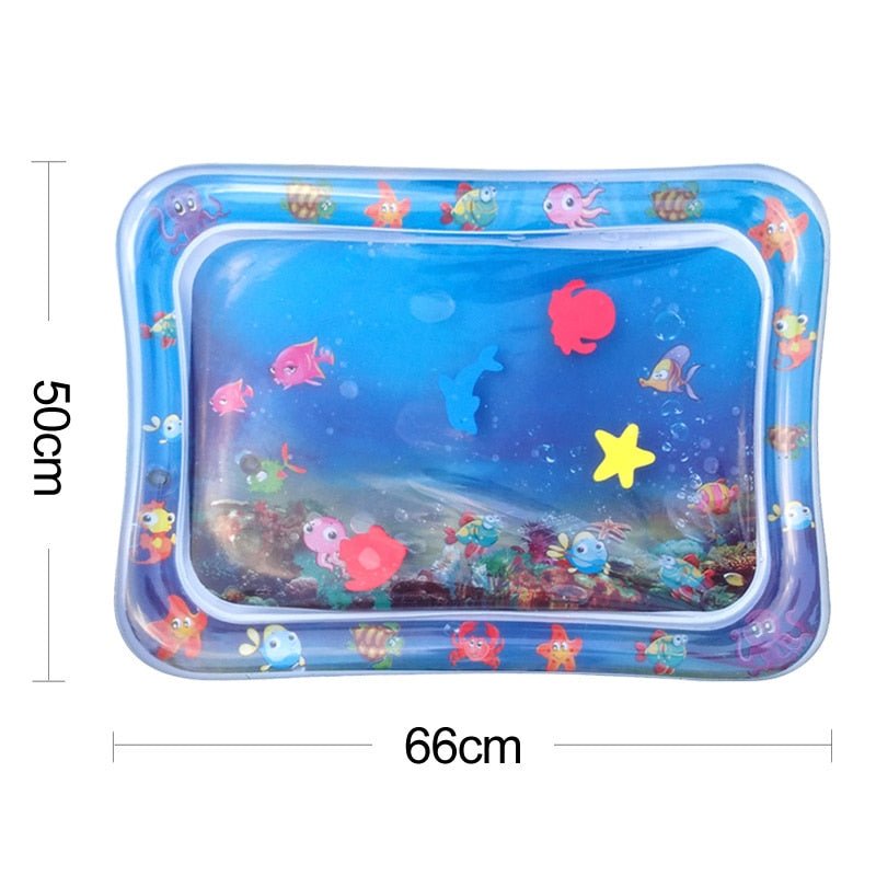 Inflatable water mat with underwater scene and fish illustrations, showing dimensions.