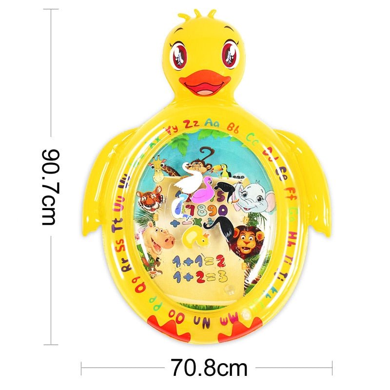 Yellow duck-shaped educational toy with cartoon characters and numbers, showing dimensions.