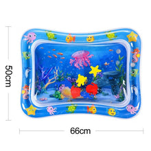 Inflatable water mat with underwater scene and toy figures, showing dimensions.