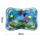 Inflatable water mat with underwater scene and toys, showing dimensions.