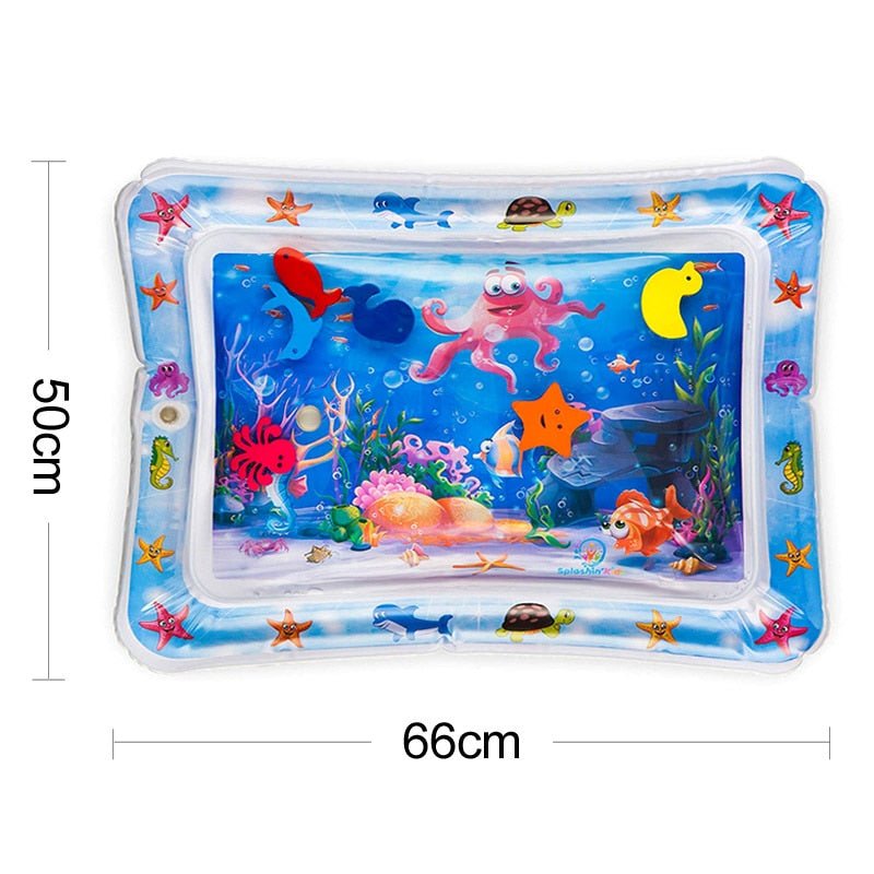 Inflatable water mat with underwater scene and measurements.