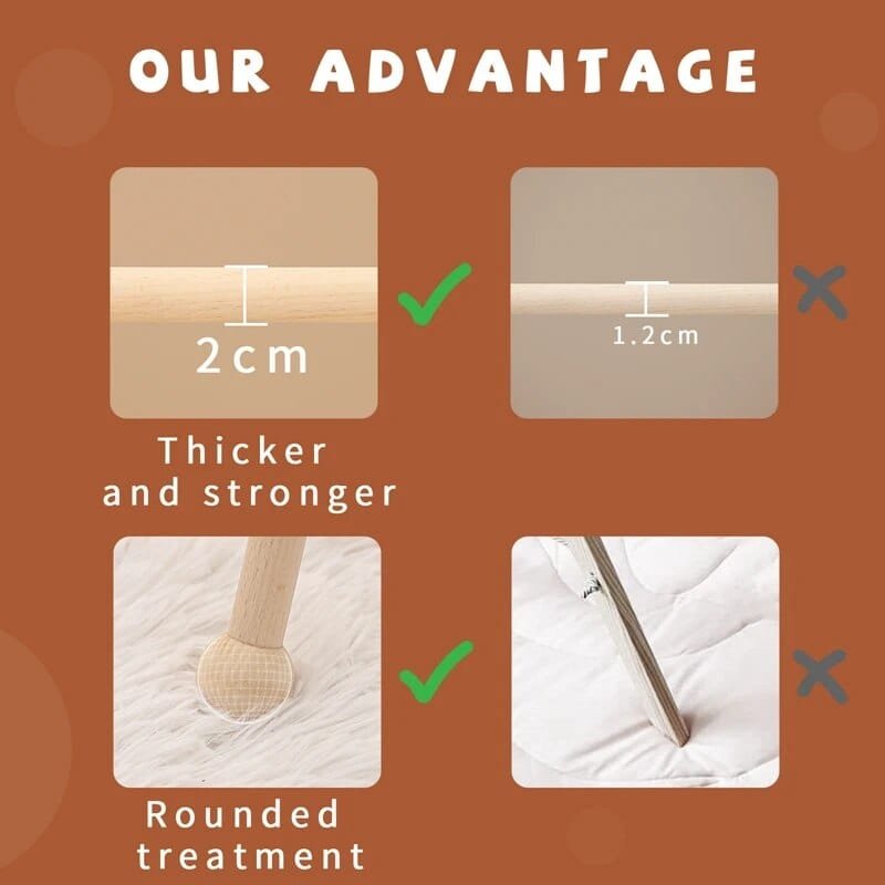 Comparison chart showing the advantages of thicker and stronger bed frame legs with rounded treatment.