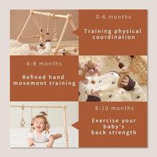 Wooden baby gym shown across developmental stages for tummy time, grasping and early sensory learning.