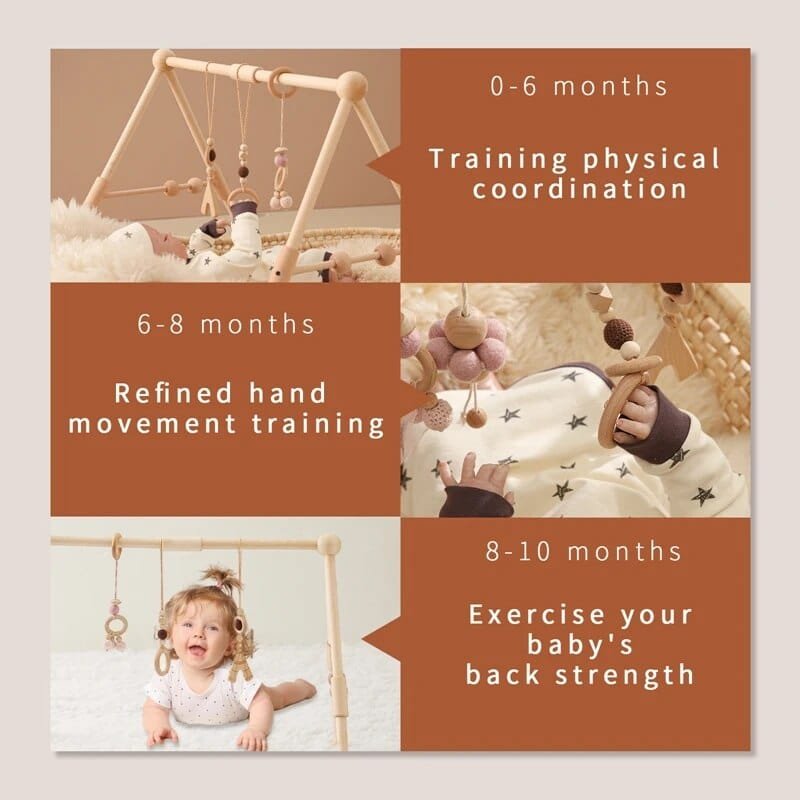 Wooden baby gym shown across developmental stages for tummy time, grasping and early sensory learning.