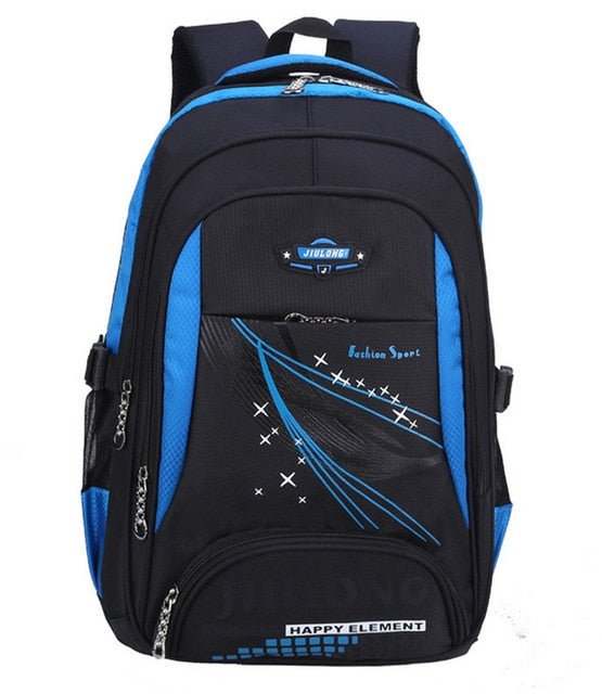Black and blue backpack with visible branding.