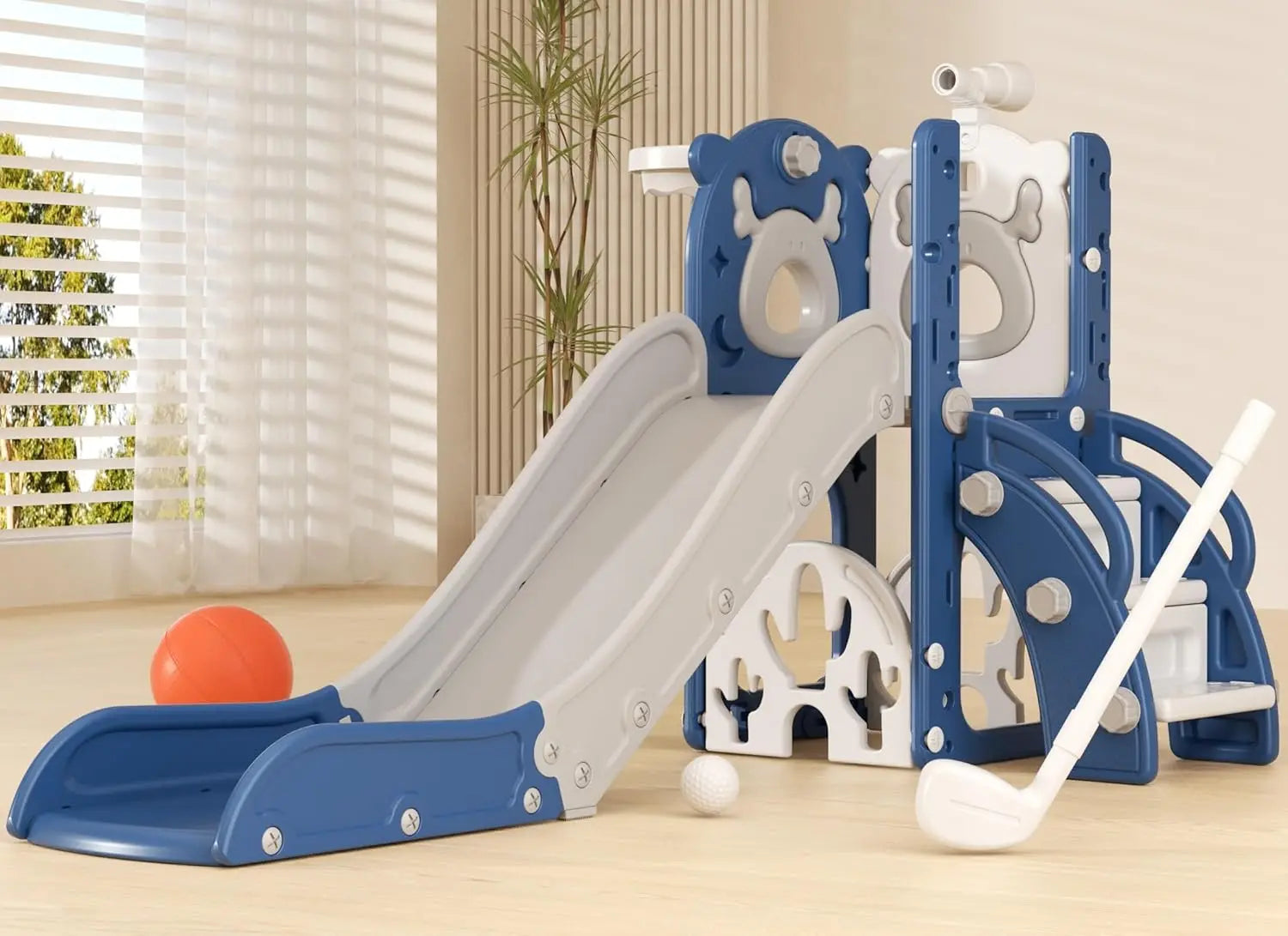 Children's play set with slide and climbing structure on a wooden floor. (option 3)