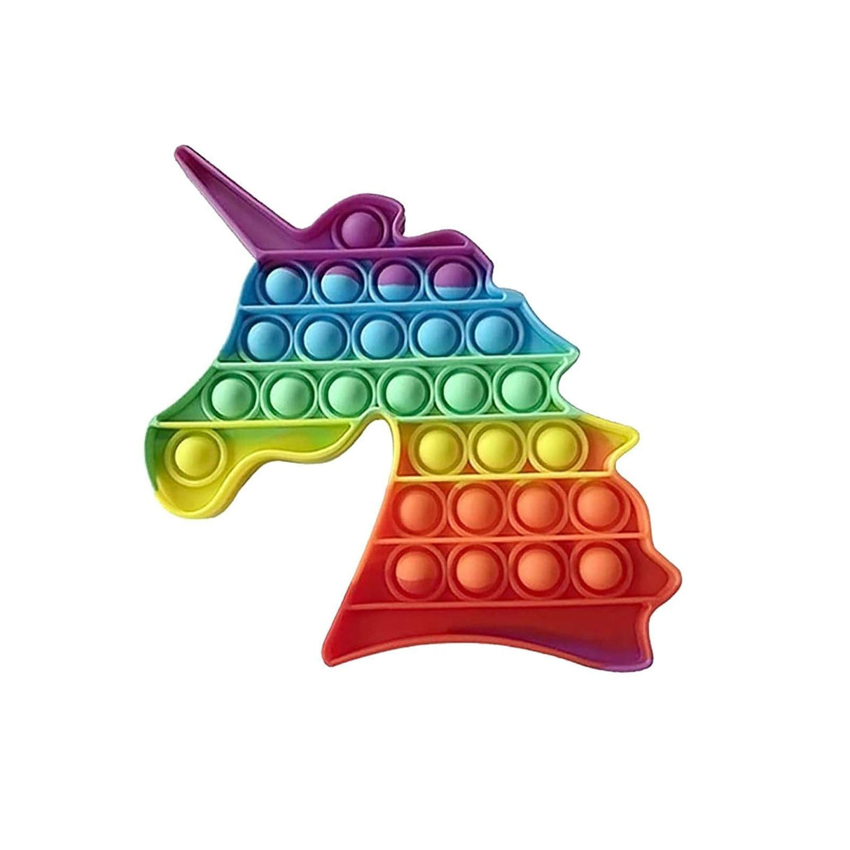 Colorful unicorn-shaped pop-it fidget toy on a white background