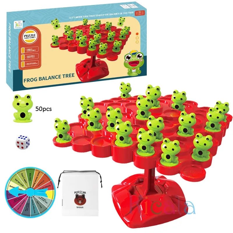 Balancing frog tree math toy shown with packaging, dice, and storage bag for tidy playroom organisation.