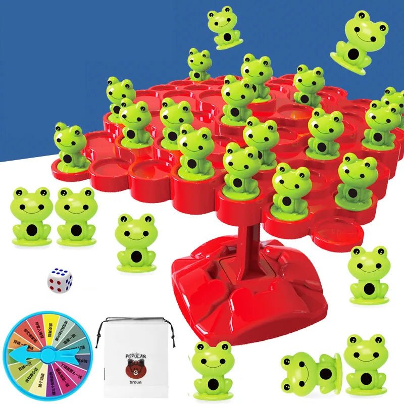 Balancing Frog Tree Montessori math puzzle toy set with green frogs, red stand, and dice for counting games.