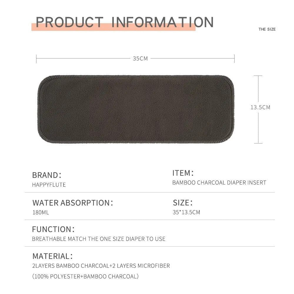 Product information card for the bamboo charcoal cloth diaper liner detailing material benefits.