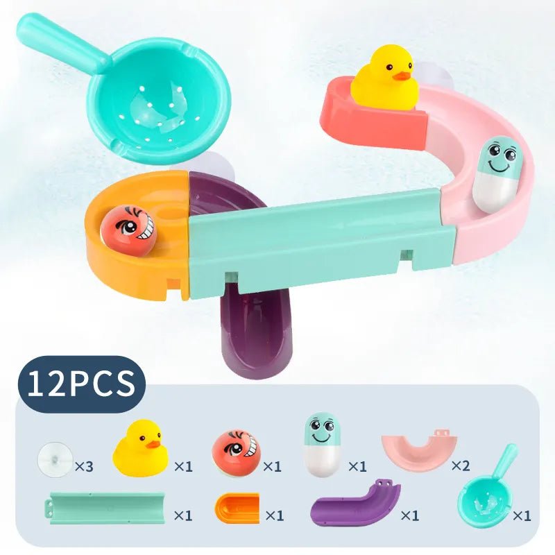 Colorful bath toy set with various shapes and a rubber duck.