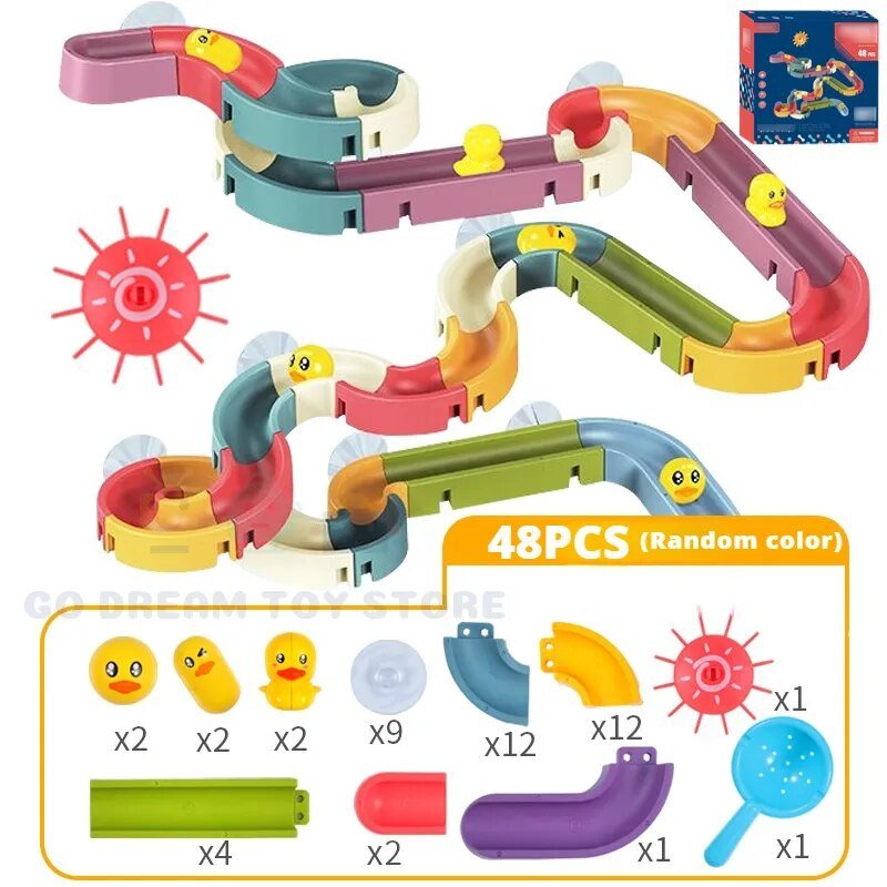 Colorful toy track set with ducks and packaging