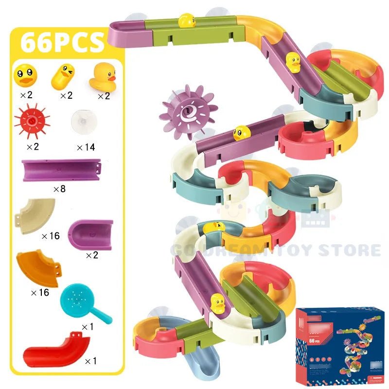Colorful toy track set with components and packaging.