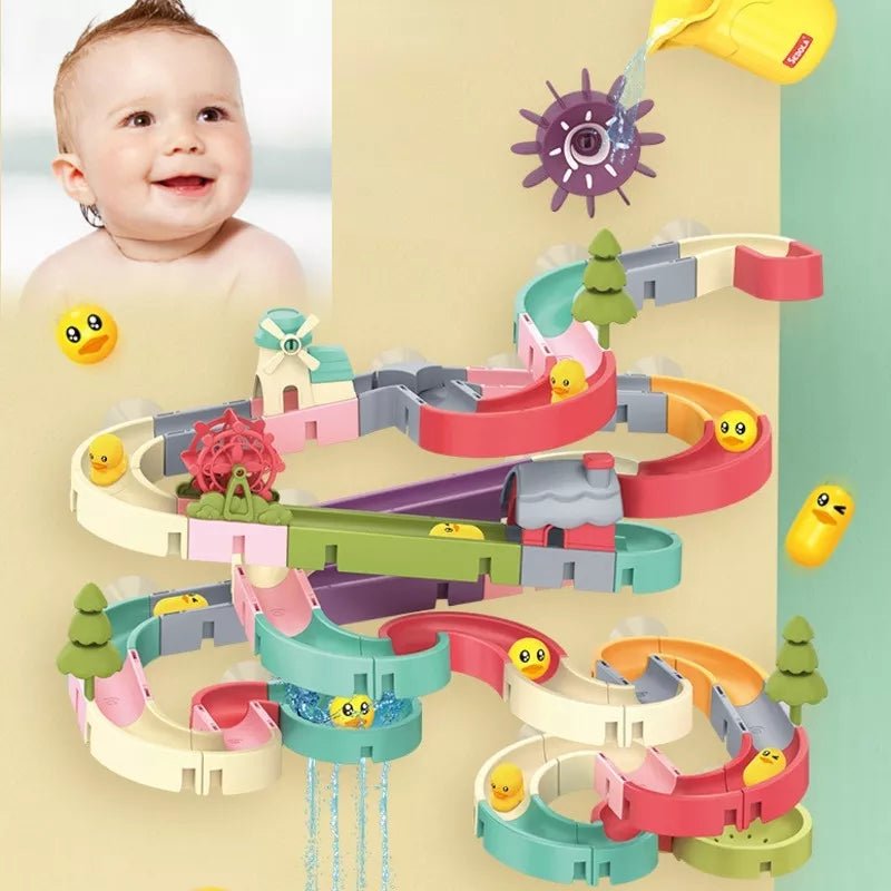 Colorful marble run toy set with a baby in the corner