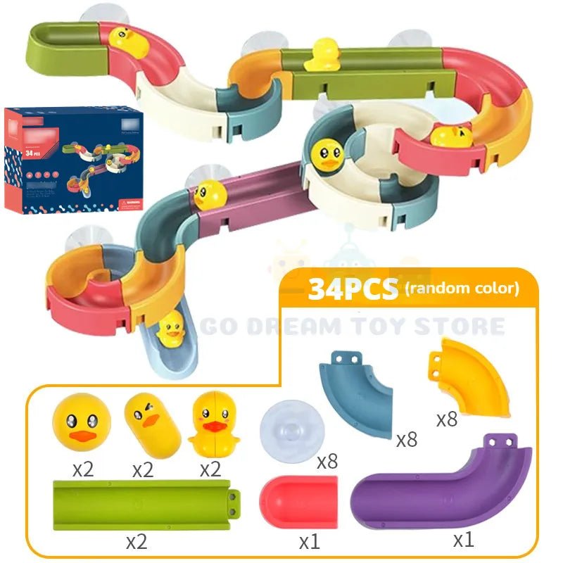 Colorful toy track set with ducks and packaging.