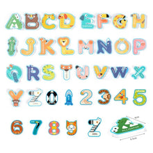 Bath time alphabet and number suction toys with animal graphics for playful learning while washing.