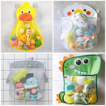 Collage of duck and frog bath toy net bags with cartoon characters for bathroom toy storage.