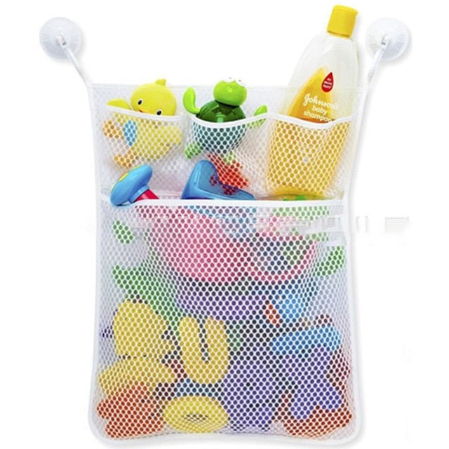 Bathroom mesh toy organizer net bag holding bath toys and cleaning bottles for space saving family bathroom storage.