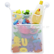 Bathroom mesh toy organizer net bag holding bath toys and cleaning bottles for space saving family bathroom storage.