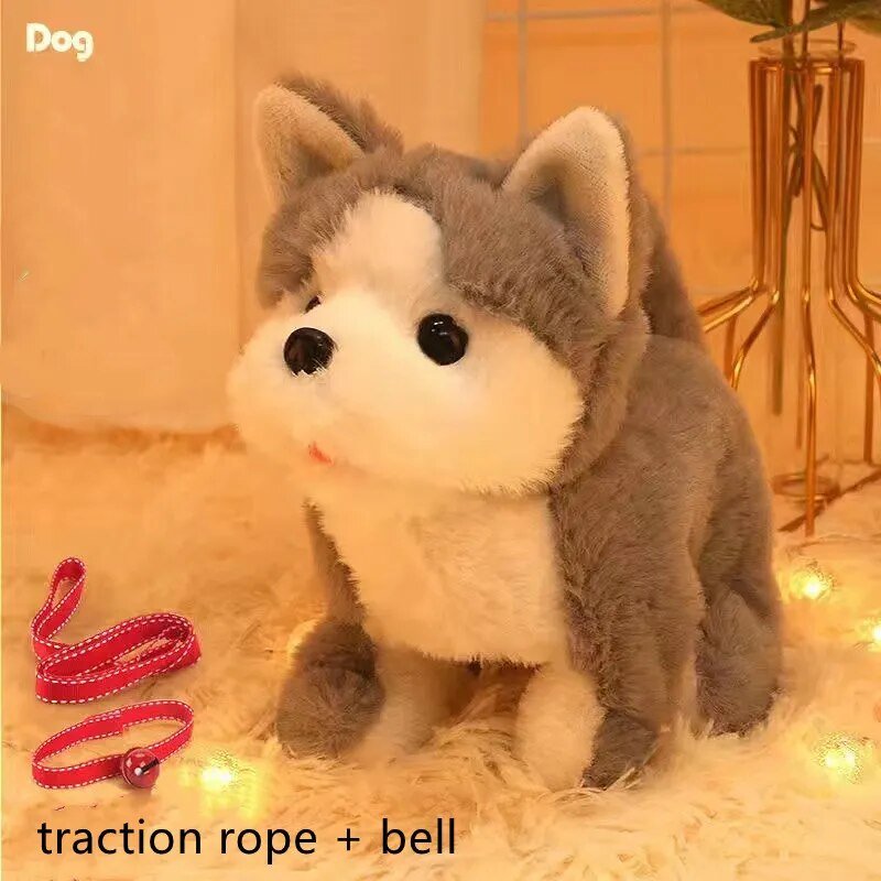 Plush dog toy with a pink on a soft surface.
