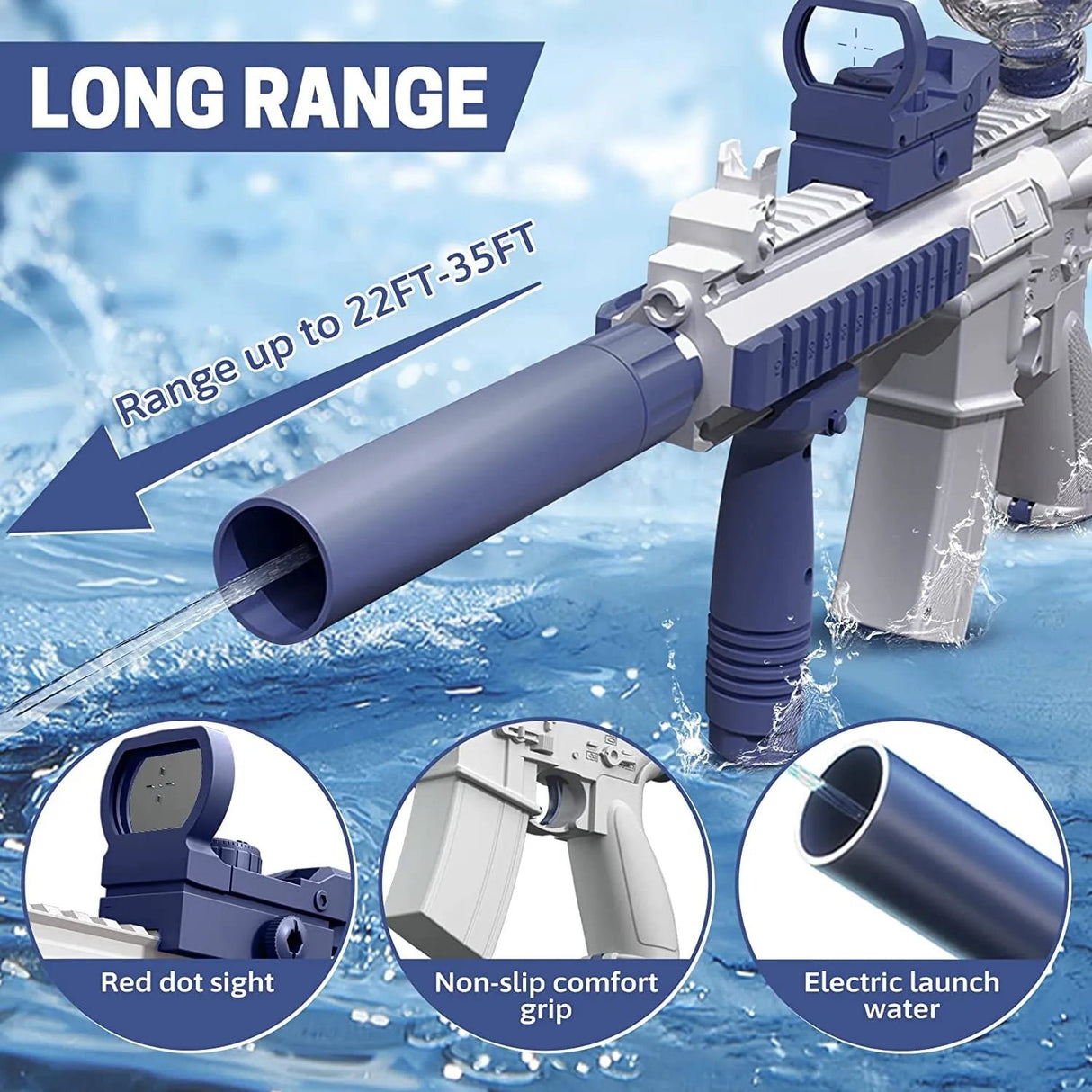 Toy gun with water features and specifications.