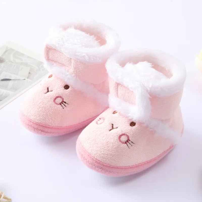 Baywell blue autumn winter newborn boots with soft sole and fur lining, shown from the side for cozy baby wear from 0 to 18 months.