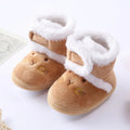 Baywell camel autumn winter newborn boots with soft sole and fur lining, shown from the front for cozy baby wear from 0 to 18 months.
