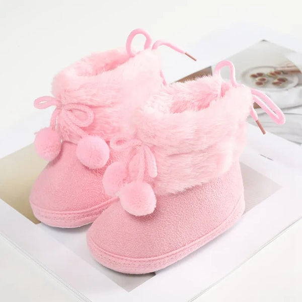 Baywell furry winter snow boots baby girl front view showing plush fur trim for cozy winter outings.