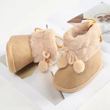 Baywell furry winter snow boots baby girl side view highlighting soft sole for stroller walks.