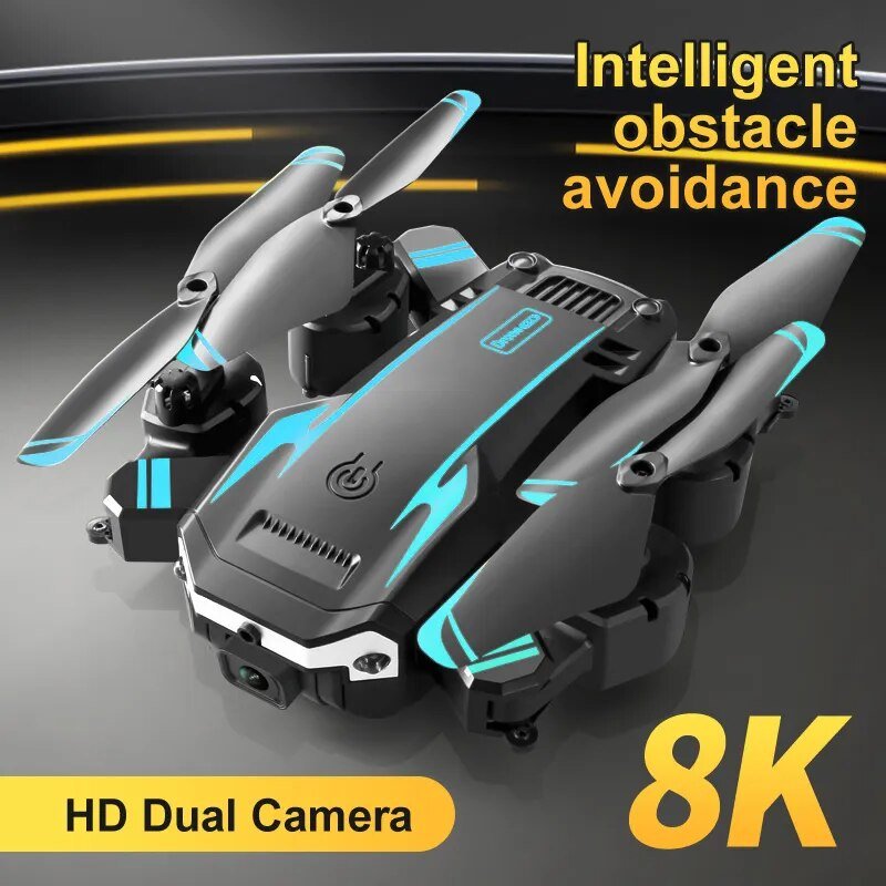 Black and blue drone with propellers on a dark background, featuring text about obstacle avoidance and HD dual camera.