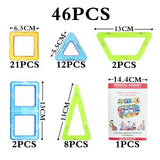 Set of colorful magnetic building pieces with dimensions and a package labeled 'Magical Magnet'.