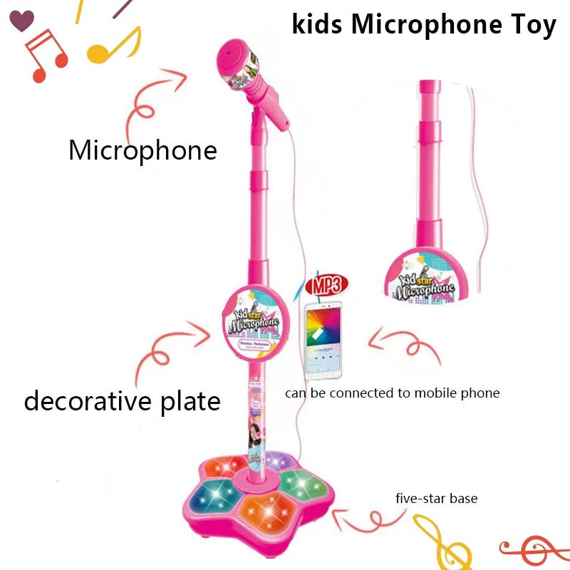 Pink kids' microphone toy with stand and decorative plate on a white background