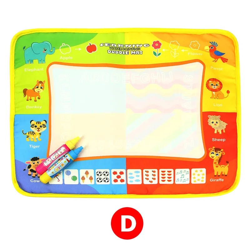 Colorful learning mat with animals and markers on a white background