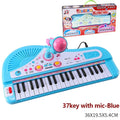 Children's toy keyboard with microphone and packaging on a white background