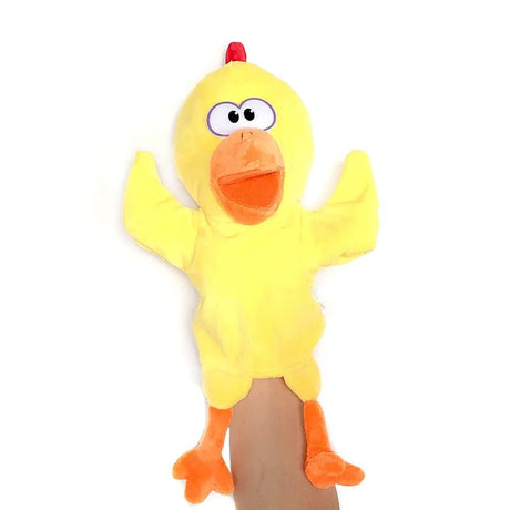 Yellow duck plush toy with orange feet and beak on a white background