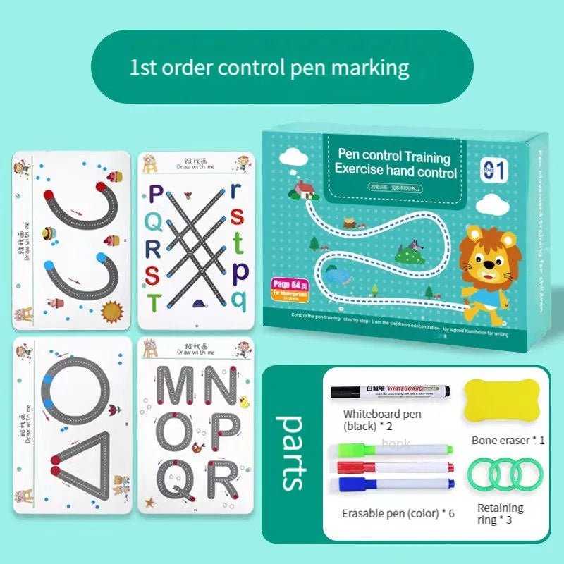 Pen control training set with cards and packaging on a teal background