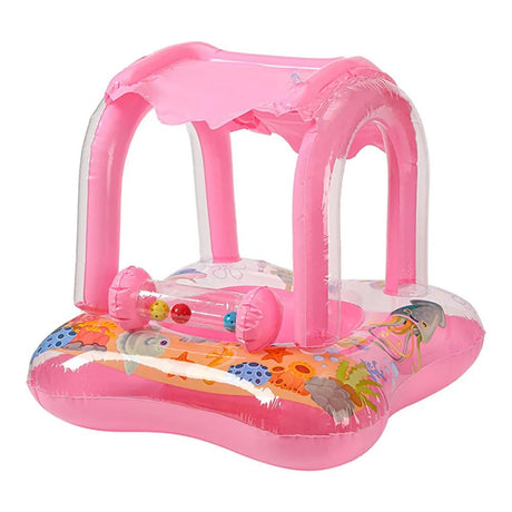 Pink inflatable baby pool with transparent canopy and colorful base on a white background