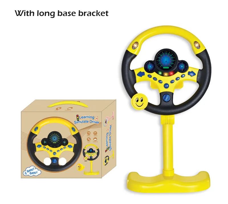 Toy steering wheel with long base bracket and packaging on a white background