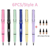 Set of six colorful pens with spare pen tips on a white background