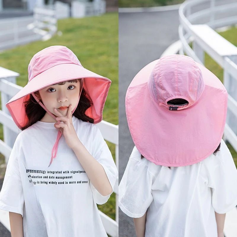 Pink sun hat worn by a child with a white shirt, shown from front and back views.