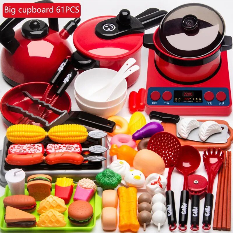 Collection of toy kitchen appliances and food items on a white background