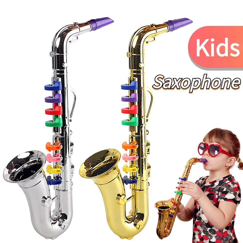 Children's toy saxophones in gold and silver with colorful keys, and a child playing a small saxophone.
