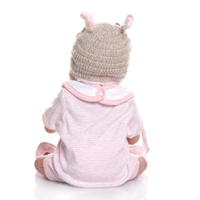 48CM Bebe Doll in a pink striped outfit with matching hat for nursery play and gentle bath time bonding.