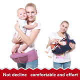 Woman holding a baby in a carrier with text 'Not decline comfortable and effort'.