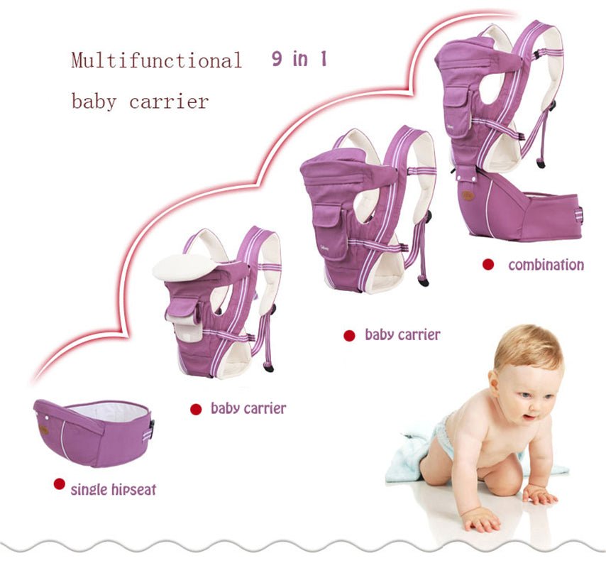 Multifunctional baby carrier with various attachments and a baby model