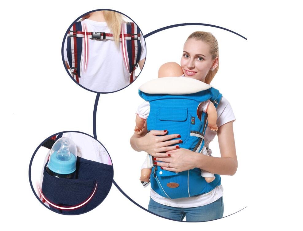 Woman holding a baby in a blue carrier with insets showing a bottle holder and strap adjuster.