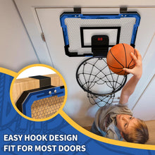 Wall-mounted basketball hoop for kids bedroom door with close-up hoop design detail.