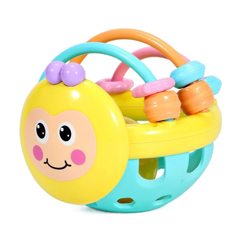 Yellow bee-face rattle ball with colorful bead rings and a teal base with round holes