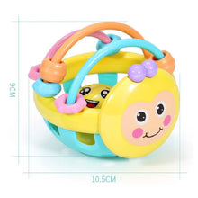 Yellow bee rattle ball teether with 10.5 cm width and 9 cm height dimensions